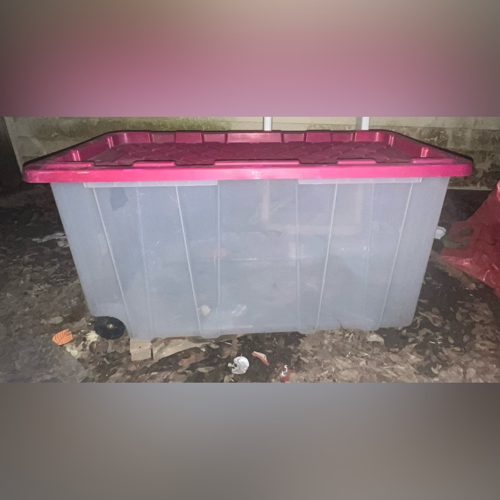 77 Gal tough storage tote with wheels in clear white Red Lid by HDX $64.98